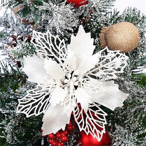 GLITZFAS 12 Stück Glitter Weihnachtsbaum Dekoration, Weihnachtsbaumschmuck Ornament Weihnachten Blumen Dekor, Christbaumanhänger (Weiß,24 cm)