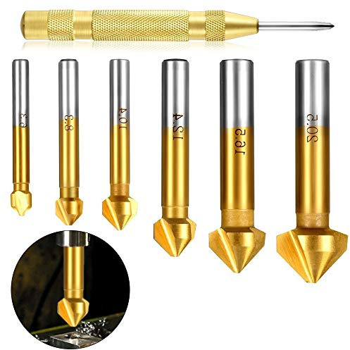 NACTECH 6pcs Avellanadores Cónicos HSS Avellanadores para Madera 90° Avellanador Cubiertas de Titanio Chaflán Avellanador Acero para Metal Aluminio Broca Avellanadora avec Punzon Centradora