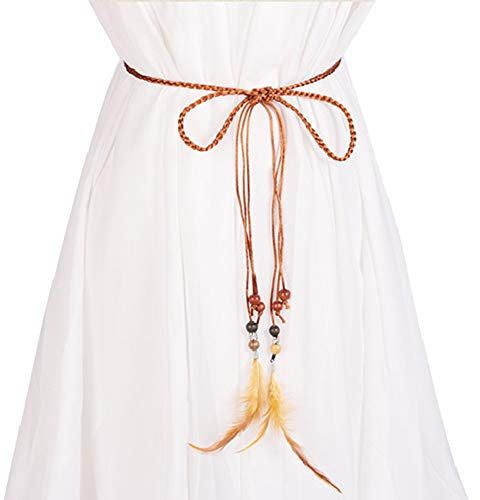 Asudaro Damen Mädchen Federgürtel Böhmen Nationaler Stil Taillenkette Kleid Gürtel Taille Gurt Geflochtene Gürtel mit Feder Anhänger und Kügelchen
