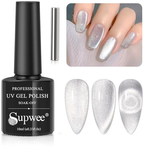 SUPWEE Silver Holographic Cat Eye Gel Nail Polish with Magnet Magnetic Gel Nails Polish Glitter Cat Eye Effect for Nail Art Manicure Salon DIY at Home 10ml