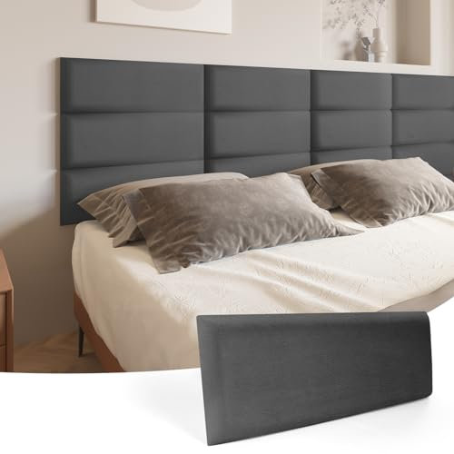 Art3d Peel and Stick Headboard for King, Full and Queen in Velvet Smoky Grey, Pack of 12 Panels Sized 9.84 x 23.62, Soundproof Wall Panels 3D, Upholstered Wall Panel