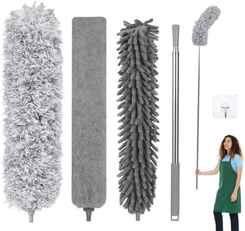 Fogray 5PCS Extendable Feather Duster, Bendable Microfiber Duster with Extra Long 100'' Telescopic Extension Pole and Soft Silicone Cap, Washable Duster for Cleaning Roof, High Ceiling Fan, Blinds