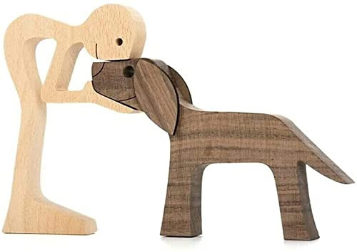 Handmade Wooden Dog Family Statue, Cute Puppy and People Statue Sculpture Ornament Collectible Figurine Craft Arts, Gift for Men Women Natural Friendly Large Size (Man and Dog)
