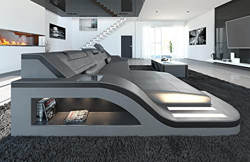 Ledersofa Palermo L Form Sofa - mit LED Beleuchtung, verstellbare Kopfstützen, Recamiere/Lederfarben wählbar/Ausrichtung wählbar (Ottomane links, Grau-Schwarz)