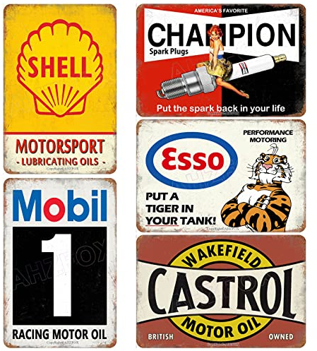 AHZFOX Automobile Scooter L'huile de moteur Bougie d'allumage Enseigne en métal rétro Home Bar Garage Man Cave Décoration murale 8x12 pouces 5 pièces