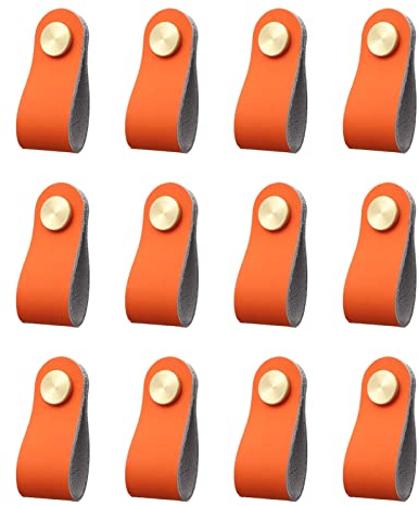 Möbelgriffe Ledergriffe für Möbel,12 Stück Leder Schrankgriffe Einzelloch Lederschlaufe,70×25 mm,Messing Metallkopf Schubladengriffe Türgriffe Schrankknauf Antikollisions Griff für Schränke-Orange