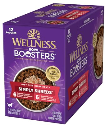 Wellness Bowl Boosters Simply Shreds Variety Pack Wet Dog Food Topper for Small, Medium, and Large Breeds, Grain Free, Natural, Chicken Recipes, 2.8 oz, Pack of 12 Pouches