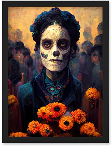 Day Of Dead Skull Marigold Flowers Artwork Framed Wall Art Print A4