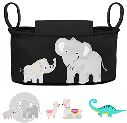 GLÜCKSWOLKE Kinderwagen Organizer - 12 Motive I Kinderwagentasche verschließbar I Kinder Buggy Tasche mit Feuchttuchspender I Baby Stroller Bag Black I Aufbewahrungstasche (Emil Elefant I schwarz)