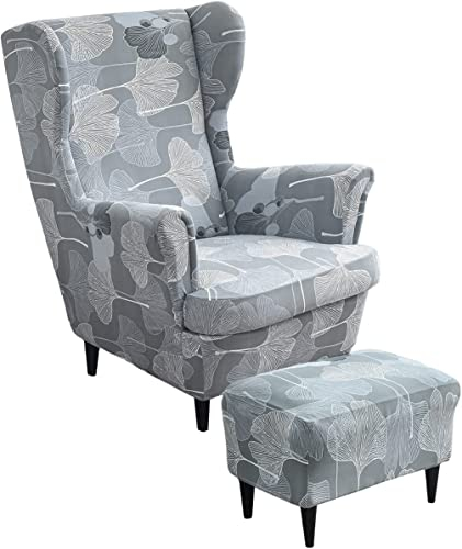Ohrensessel überzug mit Hocker Bezug, 2 Teilig Sessel-Überwürfe+1 Teilig Ottomane Schonbezug, Beige/Grün/Rosa/Blau Ohrensessel Schonbezüge Sesselhusse Stretch Tiger Stuhlbezug mit Armlehne ( Color : #