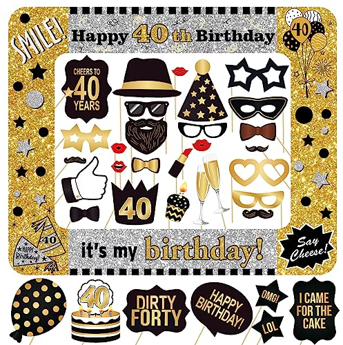 Fotobox Accessoires 40. Geburtstag Aufblasbarer Fotorahmen in Schwarz Gold Silber 34 STK. Photo Booth Requisiten für Männer und Frauen Party Zubehör Foto Accessoires 40 Jahre Jubiläum Photo Props
