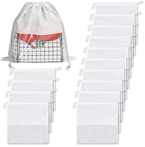 JOJOCY 15Pcs Dust Bags for Handbags, 35cm Non-Woven Fabric Dustproof Drawstring Bag Clear Window Dust Cover Storage Bags Handbag Storage Organizer (White)