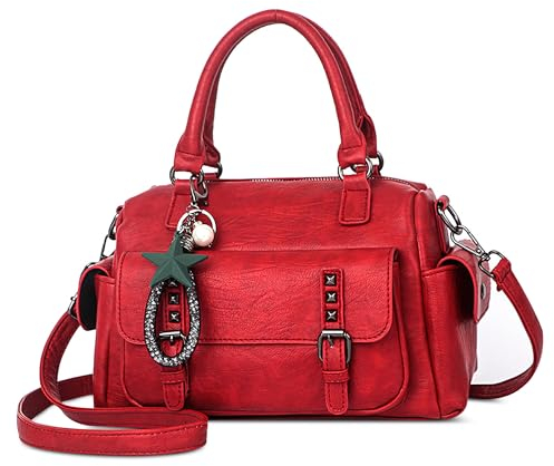 SODOLLEE Handtasche Damen Henkeltaschen mit Exquisiter Anhänger Retro Umhängetasche PU Leder Schultertasche für Arbeiten Reisen Shopper Rot