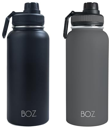 BOZ Stainless Steel Water Bottles 2 Pack Bundle - Grey + Black Insulated 1L Wide Mouth BPA Free Metal Bottles for Gym with Spout Lid