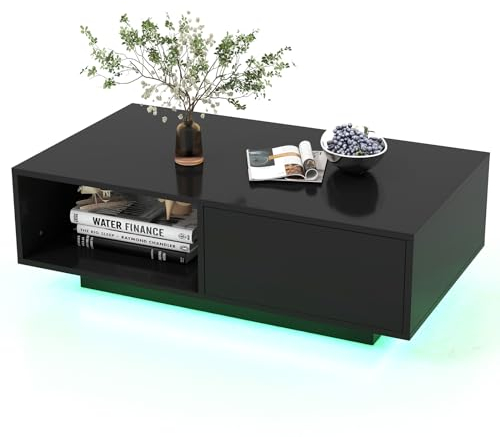 COSTWAY LED Coffee Table, Modern Cocktail Centre Table with 20 RGB Light Colors, Adjustable Brightness, Drawer and Storage Shelf, Wooden Rectangle Smart End Sofa Side Table for Living Room (Black)