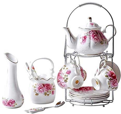 asdchZen European Style Tea Set With Holder Tea Cup Dish Storage Basket Vase Pot Teapot Set Coffee Cup Teacup Teaset Teaware Tea Cups Coffee Cup Set Tea Pot Set (16Pcs)