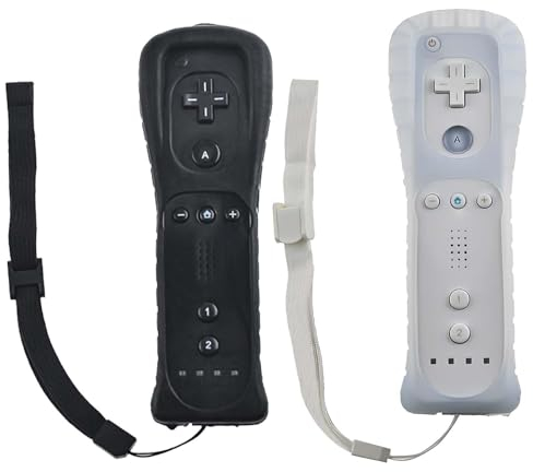2x Wii-Fernbedienung, Gamecontroller Wii Controller Wireless Remote Bewegungssensor Vernbedinung Ersatz Gamepad Controller für Wii und Wii-Konsole, mit Silikonhülle und Handschlaufe (weiß schwarz)