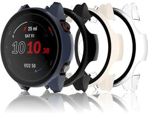 Bigqin 4 Pièces Coque Compatible avec Garmin Forerunner 255/255 Music, Coque Rigide en PC avec Protecteur d'écran, Coque HD avec Verre Trempé - Transparent,Noir,Blanc,Blue