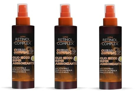 3 PEZZI Ultra Retinol Complex Hello Summer Olio secco super abbronzante con vitamina E, olio di calendula e mallo di noce - 200ml