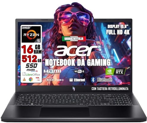 Acer Nitro V 15 Notebook Gaming, Processore AMD Ryzen 5 7535HS, Ram 16 GB DDR5, 512 GB SSD, Display 15.6 FHD IPS 144 Hz LED LCD, NVIDIA GeForce RTX 2050 4 GB, Windows 11 Home