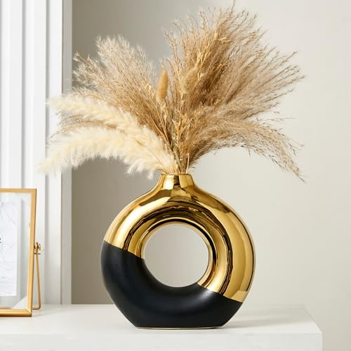 Keramik Donut Vase, 25,5L x 25,5H cm Schwarz und Gold Runde Vase für Pampasgras, Nordic Modern Vasen für Dekor, Keramik-Vase Mittelstücke für Hochzeit, Schlafzimmer, Wohnzimmer, Couchtisch, Büro