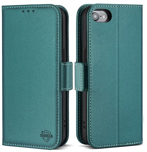 STAWLKA Wallet Case for iPhone SE 2022/2020/8/7, RFID Blocking Card Holder Kickstand Magnetic Shockproof Protective Flip Folio Phone Case - Dark Green