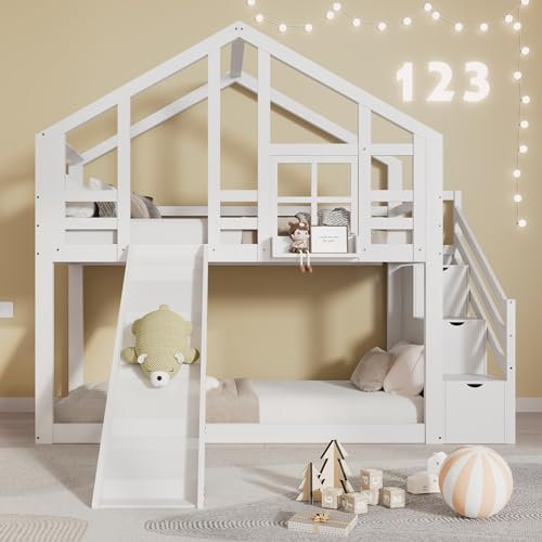 Etagenbett Bodenbett 90 × 200cm mit Rutsche und Stauraum Treppe für 1-2 Kinder, Kinderbett Hausbett Hochbett Holzbett Stockbett Funktionsbett mit Lattenrost und Rausfallschutz für Jungen oder Mädchen