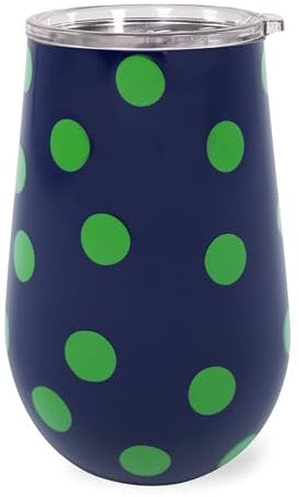 kate spade new york Insulated Stainless Steel Wine Tumbler, 16 Ounce Double Wall Tumbler, Blue Stemless Travel Cup with Lid, Sonnet Dot