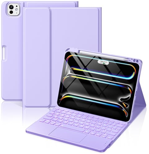 Hamile Custodia per iPad Pro da 11 con tastiera (M4) - Tastiera magnetica wireless staccabile con trackpad multi-touch 7 colori retroilluminato antimacchia Folio cover per iPad Pro 11 2024 - Viola
