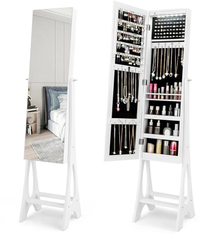 COSTWAY Schmuckschrank Standspiegel abschließbar, 2 in 1 Ganzkörperspiegel mit Schmuck Aufbewahrung, Spiegelschrank mit 12 LEDs freistehend (Weiß)