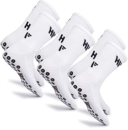 HF Training - 3 Paar Rutschfeste Fußball Socken in Weiß mit schwarzen Noppen - Unisex, Einheitsgröße (Schuhgröße 40-46), Anti-Rutsch Fußballsocken lang, Sport-Socken atmungsaktiv