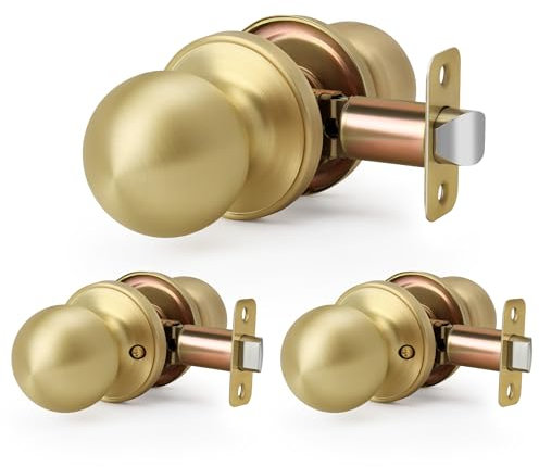 LOQRON Brushed Gold 3 Pack Wholesale Ball Design Door Knob No Lock, Passage Round Shaped Non-Locking Doorknob for Hallway/Closet, Satin Brass Finish