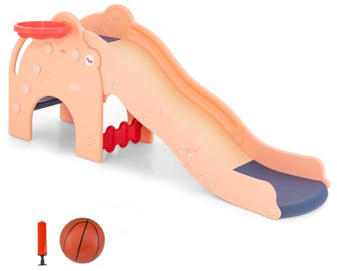 HOMASIS 4 in 1 Kinderrutsche Indoor & Outdoor, Kinder Rutsche mit Basketballkorb, Kletterleiter, Tunnel, Babyrutsche Kleinkinderrutsche Kunststoff Elefant, Gartenrutsche für Kinder ab 3 Jahren (Rosa)