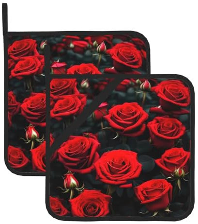 Juego de alfombrillas aisladas con estampado de rosas rojas, soportes para ollas para cocina, apto para microondas, horno y parrilla al aire libre