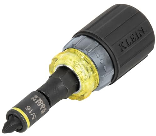 Klein Tools 32561HDRT KNECT 7-in-1 Ratcheting Screwdriver, Impact Rated, Stubby with Phillips, Slotted Bits, 3 Nut Drivers, Adapter, 7-Piece