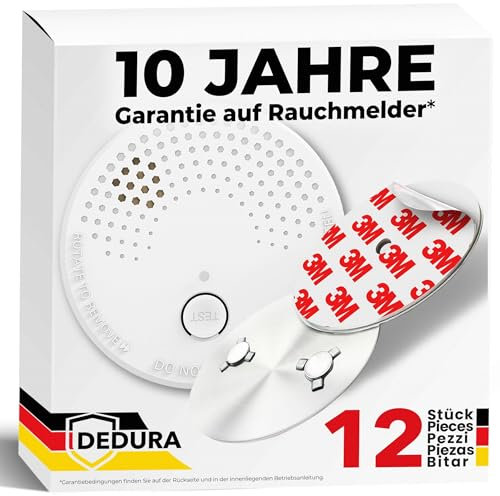 Rauchmelder mit Magnethalterung 12er Set - Rauchmelder ohne Bohren und Schrauben mit 10 Jahre Garantie - Rauchmelder Magnethalterung mit extra starken Klebepads