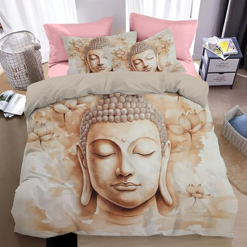 DLERFLOVR Bettwäsche 135x200cm 3-teilig Bettbezug - Zen Wendebettwäsche Bettwäsche mit Reißverschluss, Lotus-Buddha-Statue Bettwäscheset und Kissenbezug 80x80 cm