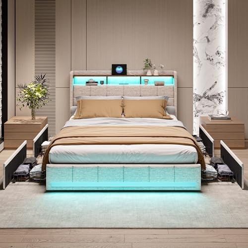 BONUIE Lit Double rembourré, 160 x 200 cm, avec éclairage LED, Coffre de Rangement, 4 tiroirs, tête de lit avec Espace de Rangement et 2 USB, 1 Type C, lit avec sommier à Lattes en Bois, Lin, Beige
