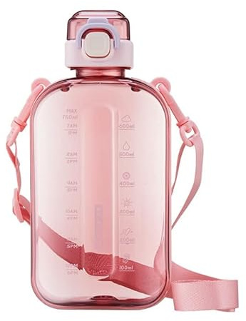 Newhope 750ml Flache Trinkflaschen, Outdoor Sport Wasserflasche mit Ein-Klick-Öffnen Auslaufsicherer Kappe, Reiseflasche mit Zeitmarkierung und Trageriemen für Sport, Reisen und Fitness (Rosa)