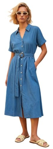 Roman Shirt Dress for Women UK Ladies Short Sleeve Sleeveless Belted Collared Midi Maxi Summer Spring Smart Casual Button Evening Office A Line Swing Skater - Plain Dark Blue - Size 16