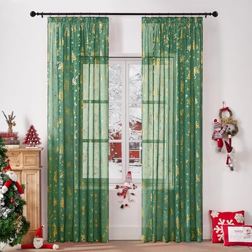 KGORGE Weihnachts Gardine Weihnachten Grün 225cm Hoch Weihnachtsvorhänge mit Kräuseband Weihnachtsdeko Vorhang Weihnachtsbaum Transparent Christmas Curtains Living Room, H 225 x B 140 cm