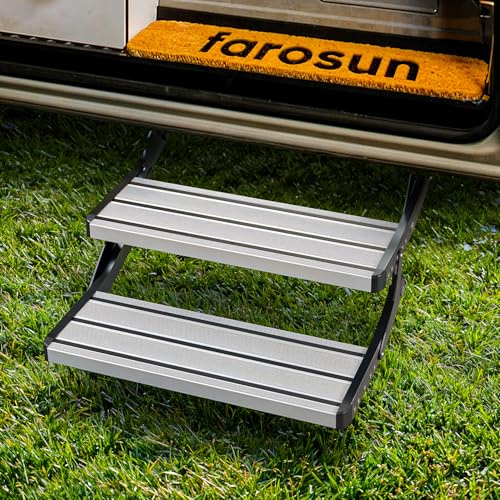 Farosun Doppeltrittstufe – Klapptritt 2 Stufen für Wohnwagen, 50x21x29cm, stabile Aluminium-Treppe für Wohnmobil, rutschfest, wetterfest, bis 200 kg, Einstiegshilfe Camping