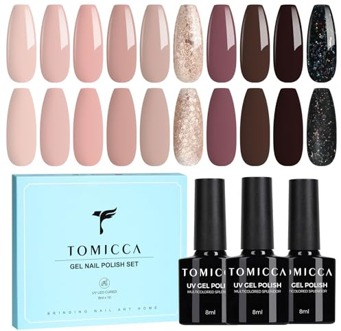 TOMICCA UV Nagellack Set, 10 Farben Nude Beige Dunkelviolett Braun, 8ML | 10 Farben Orange Gelb Rosa Grün Blau Violett Soak-Off Gel Nagellack UV Nail Polish Geeignet für Nail Art Salon DIY Home