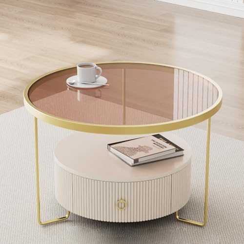 OAKVYNE Couchtisch Rund aus Glas – mit Kratzfester Oberfläche & Eisenrahmen – Beistelltisch für Wohnzimmer & Schlafzimmer,einfacher Aufbau, Metall, Industrie-Design(Gold-B,70CM/27.5)