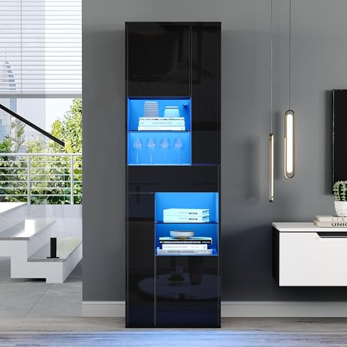 SACOOL Verkaufsvitrine Hochschrank 55 * 38 * 170cm mit 1 Schublade und 4 Schränken, Glasvitrine mit LED, Vitrinenschrank Hochglanz-Design, Wohnzimmerschrank, Schaukästen, Schwarz
