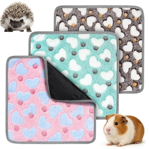 3 Pcs Guinea Pig Blankets 13.8 x 13.8In Warm Small Animal Bedding Waterproof Guinea Pig Fleece Cage Liner Absorbent Pet Pee Pads Reusable Soft Sleep Mat for Hamster Ferret Kittens Squirrels Hedgehog