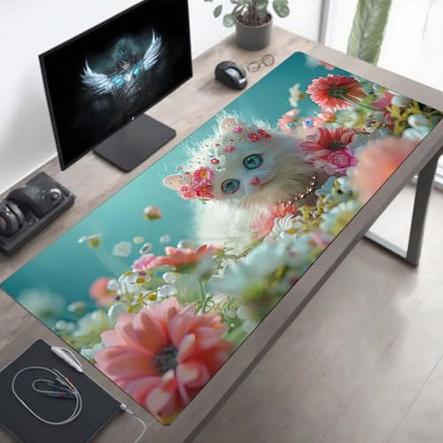 YEYUMEOZ Gaming Mouse Pad, 1400x600x3mm XXL Mouse Mat Cat, Large Mousepad Pink Extended Gaming Mats for, Non-Slip Rubber Base keyboard Pad, Stitched Edges Accessories for Home PjY16089 0-C