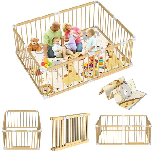 GERCHAM Laufstall Baby mit Matratze,160x180cm XXL Laufgitter für Baby & Kleinkind aus hellem Fichten holz mit Sicheres Schutzgitter,Aktivitätscenter für Kinder Laufgitter Faltbar