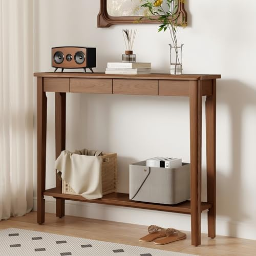AQIMUELE Console Table, Slim Console Table with Drawers, Hallway Table with Storage, Compact Display Table, Sofa Table for Small Spaces, Entryway, Living Room, Sturdy (Walnut-100W cm)