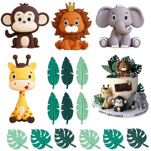 Novocloud 16 Piezas Decoracion Tarta Animales, Decoración de Tarta de Animales Salvajes Safari Topper Tarta Animales para Infantiles Bosque Temática Cumpleaños